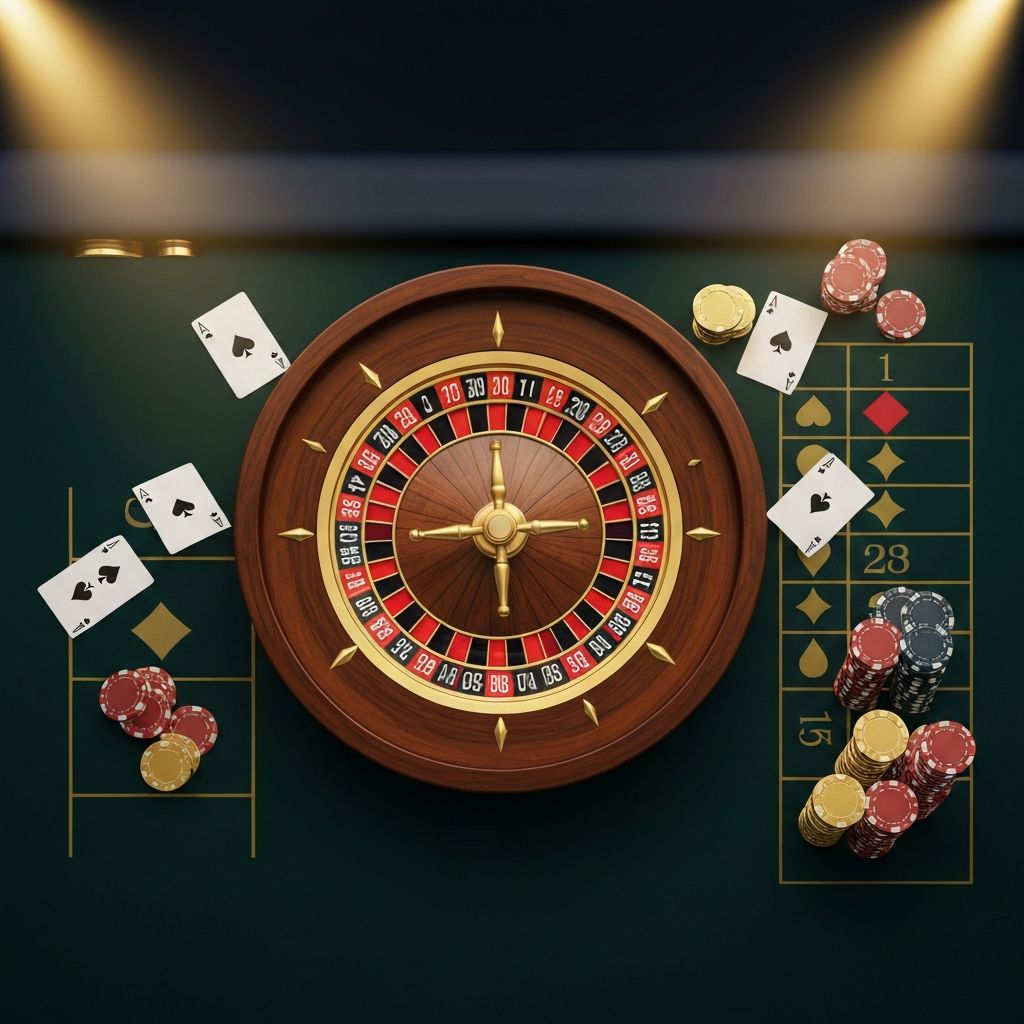 Luxurious UK casino - roulette wheel, playing cards and poker chips